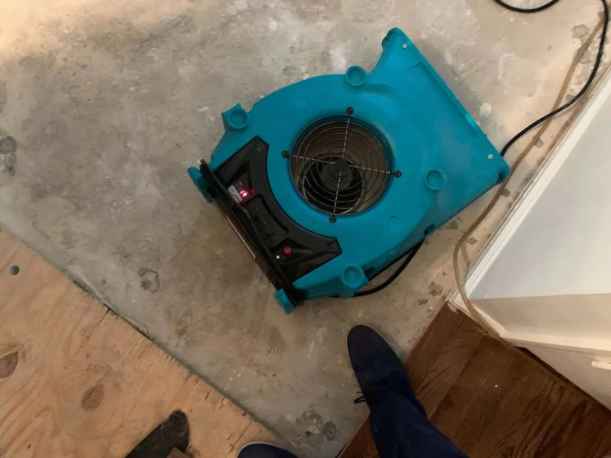 Air mover drying subfloor during Leak Detection & Repair in North Plainfield